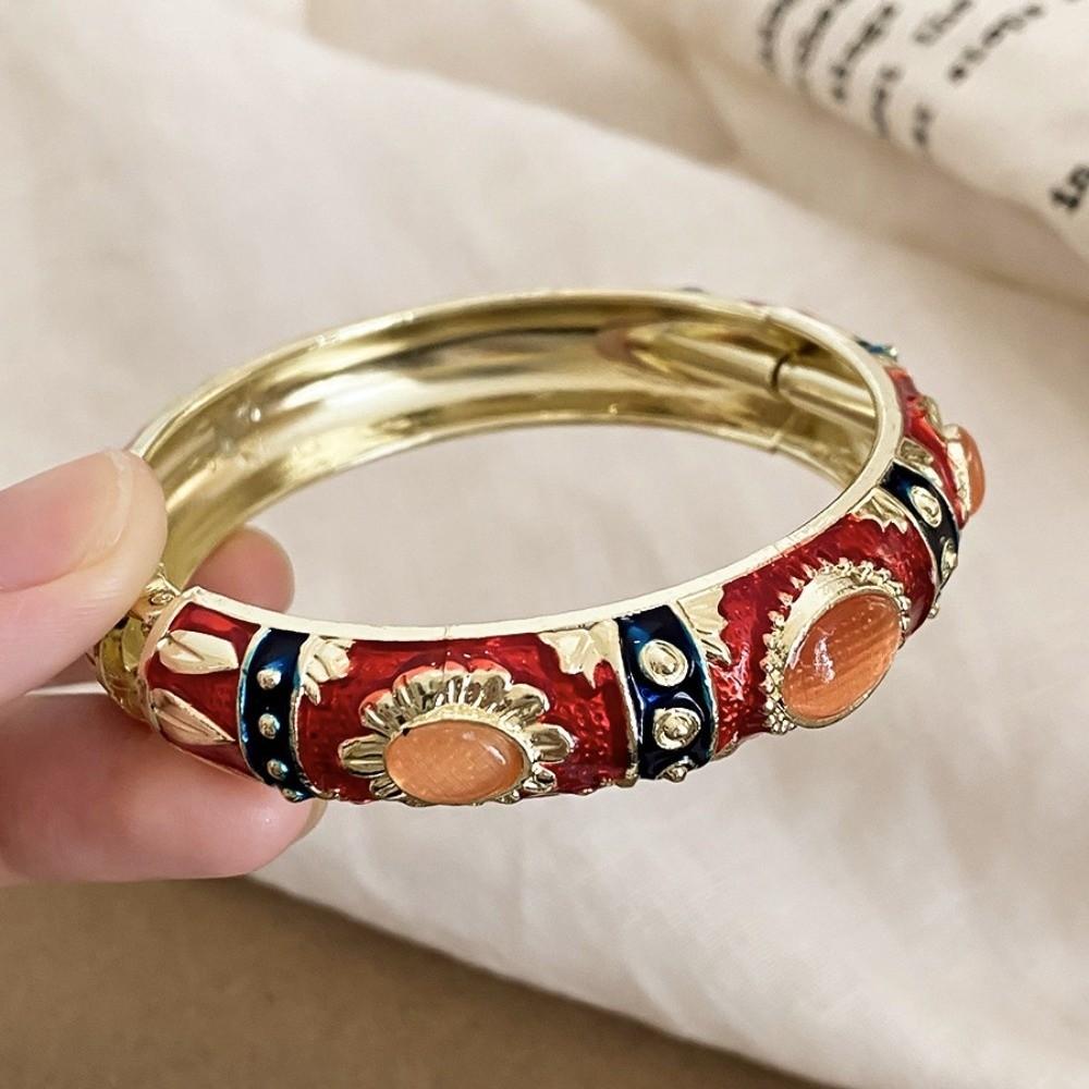 Enamel Floral Vintage Cloisonne Bangle Cat's Eye Stone Women's Hand Bracelet  Gifts for Women Girl