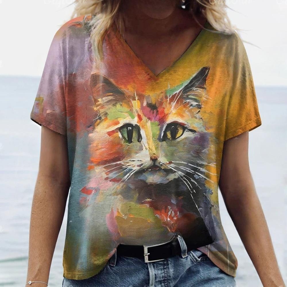 T-Shirts Women's Fashion T-Shirt Cat Print Casual Comfort Short Sleeve Crew Neck Pullover Clothing