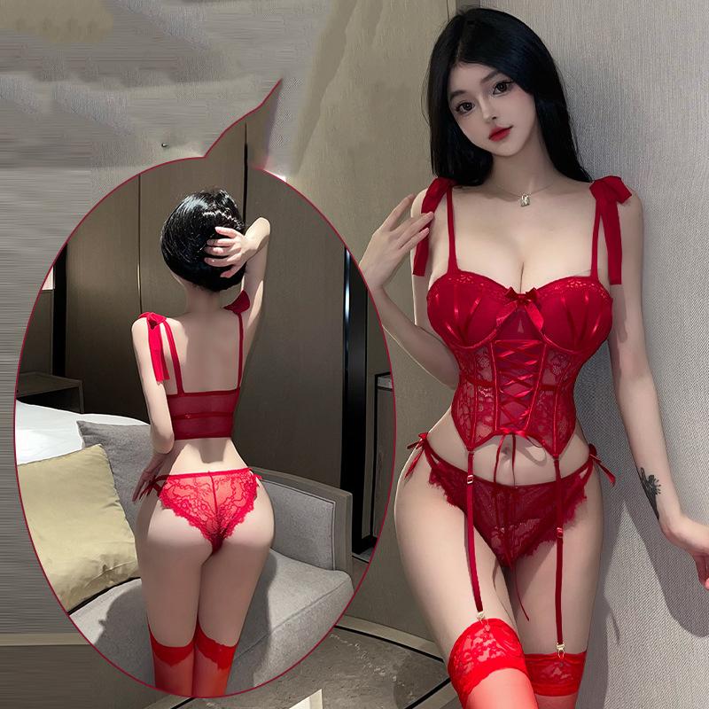 New European And American Lingerie Sexy Temptation Bow Tie Lace Keel Body Steel Ring Gathering Small Chest Suspender Uniform Set