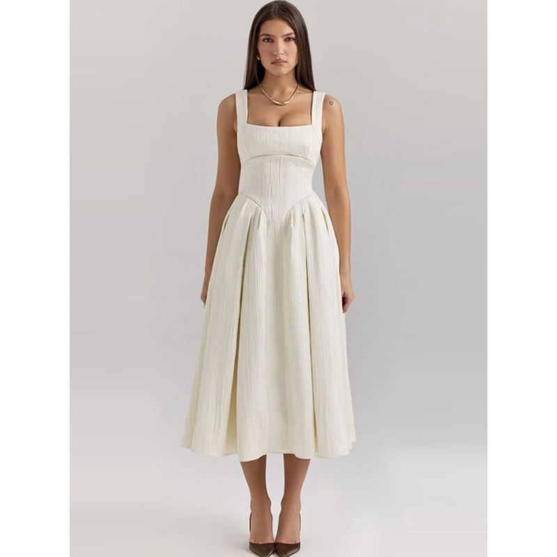 Fumei Mingling House Same Style French style High-Grade Glossy Texture Waist Hugging Slimming Mid-Length Sling Dress