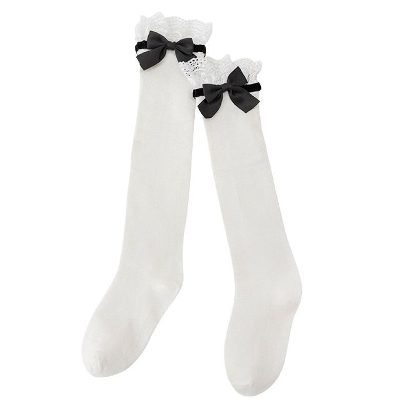 Preppy Lace Trim Knee-High Bow Socks - White Scrunch Style, Japanese JK Sweet Mid-Calf Socks.