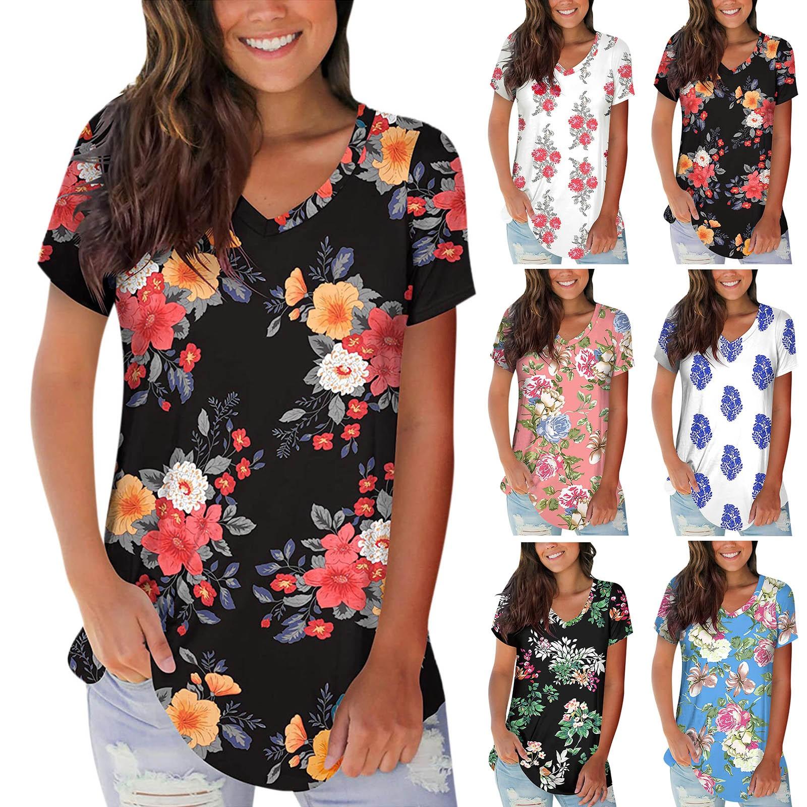 

(Куниде) Женская нижняя рубашка с принтом и v-образным вырезом, повседневная свободная футболка с короткими рукавами, топ