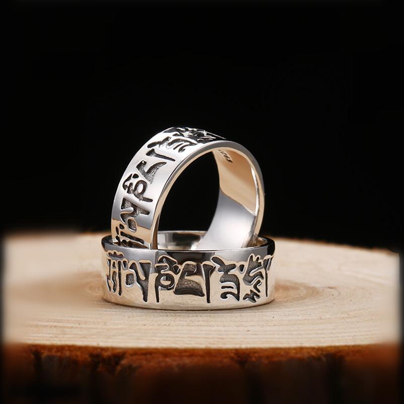 Real Silver Spell Carving Closed Ring S925 Streling Silver Buddha Mantra Ring Man Woman Letter Religious Script Jewelry