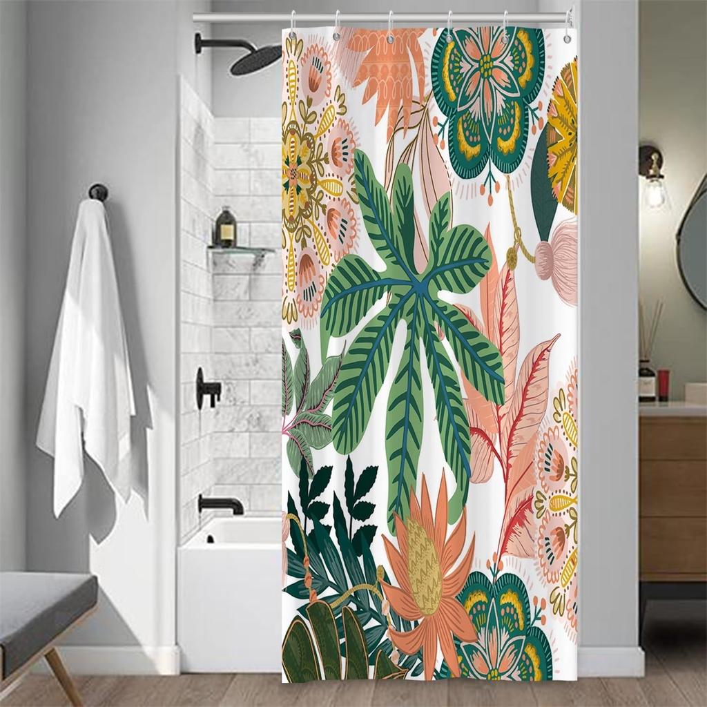 Boho Floral Bathroom Shower Curtain - Tropical Green Leaves, Pink Flowers - Waterproof Polyester Fabric - Mid Century Modern