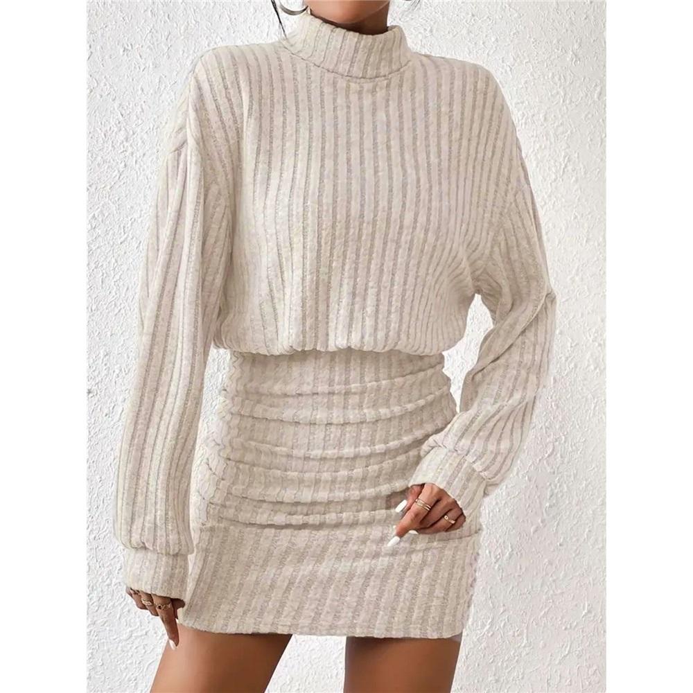 Dámské sexy přiléhavé krátké šaty s dlouhým rukávem a rolákem, úplet s žebrováním