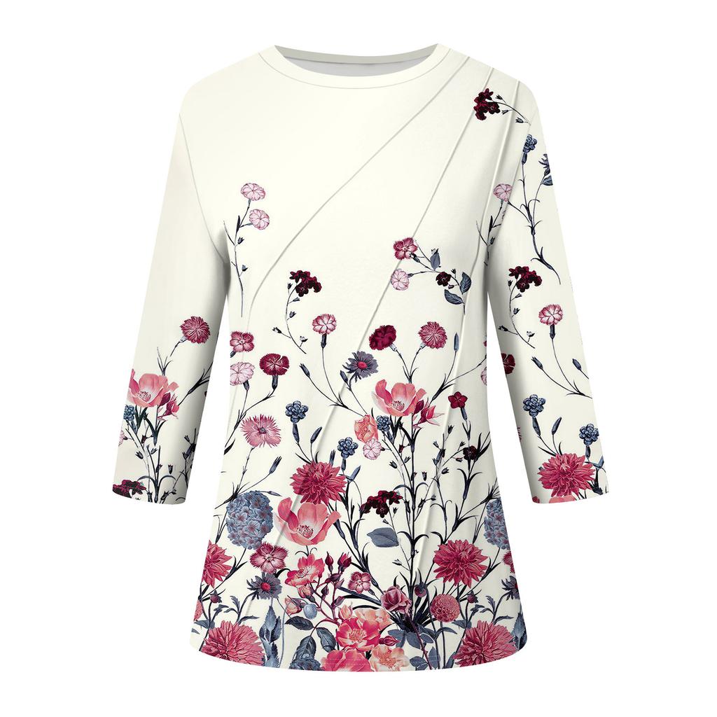 Dámská móda Ležérní topy s 3/4 rukávem Plisované módní oblečení Tričko Topy