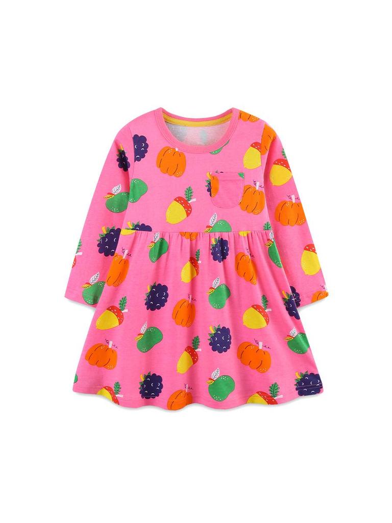Autumn European Style Girls' Long-Sleeved Cartoon Print Princess Dress - Knitted Cotton, Round Neck