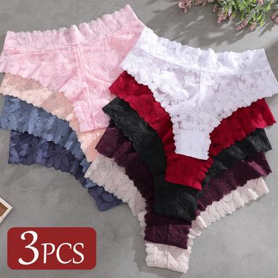 3 Stück/Set Damen High Waist Slips Damen Sexy Spitze Ausgeschnitten Tanga Atmungsaktiv Transparent G-Strings Einfarbige Weiche Dessous