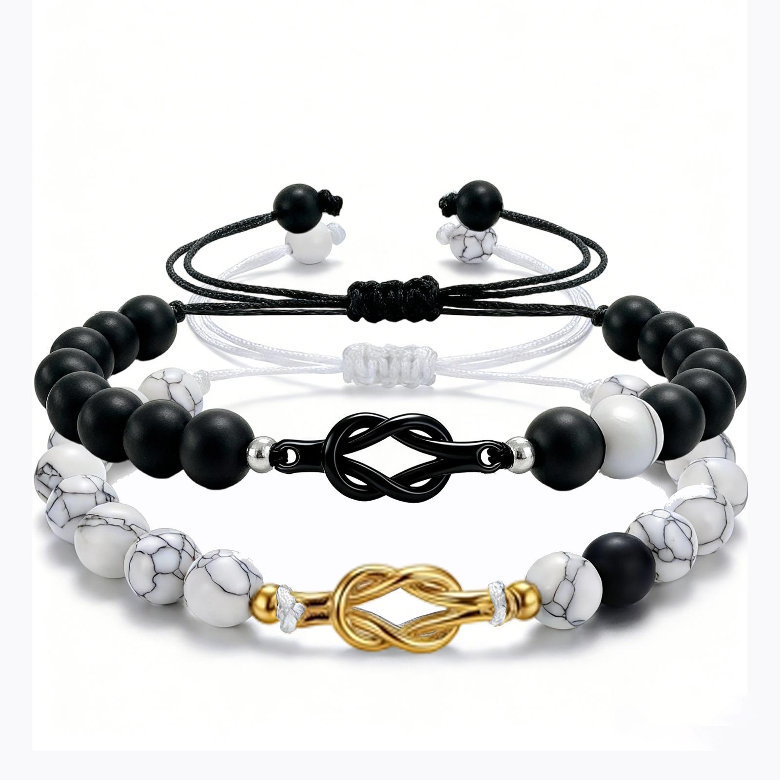 

Natural White Howlite Black Sandblasted Unisex Bracelet Couple Knot Matching Pair Jewelry