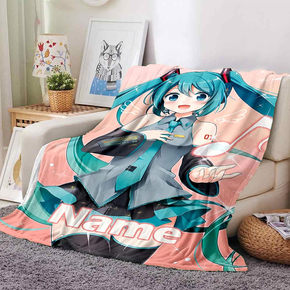 Custom Name Hatsune Miku Theme Printed Blanket - Perfect for Couch, Bed, Travel & Outdoor Use | Machine Washable, Cozy & Durable.