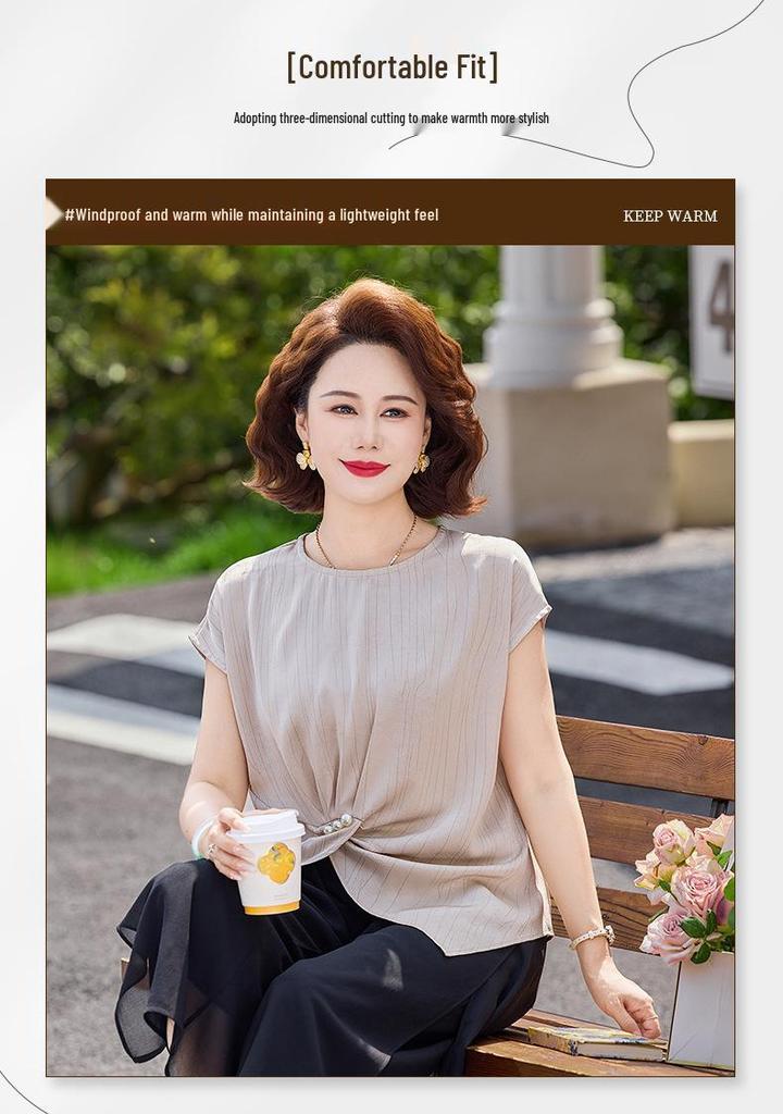 Mom's Summer Short-Sleeve Blouse: Elegant 2026 Two-Piece Set for Middle-Aged & Elderly.