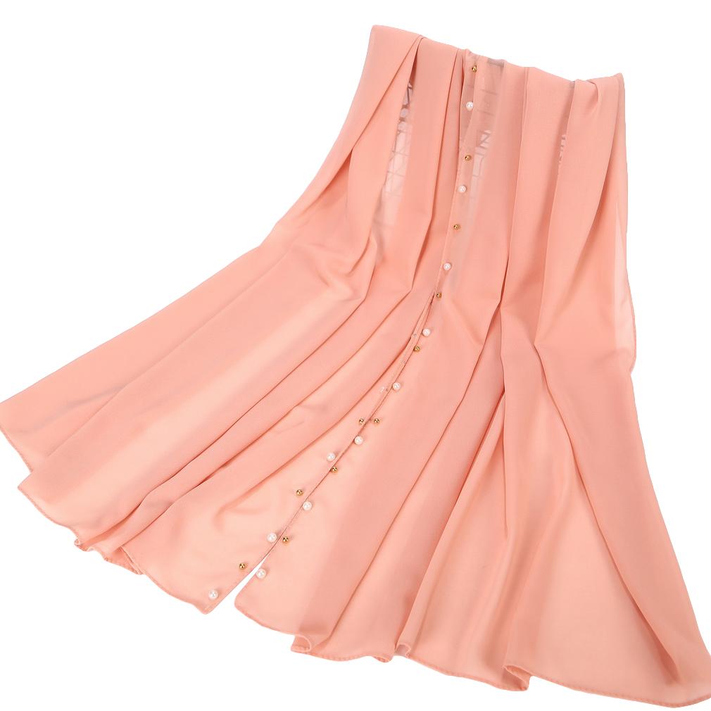 Women's Solid Chiffon Pearl Scarf, Elegant Beaded Hijab Shawl, Muslim Headscarf for Daily/Party