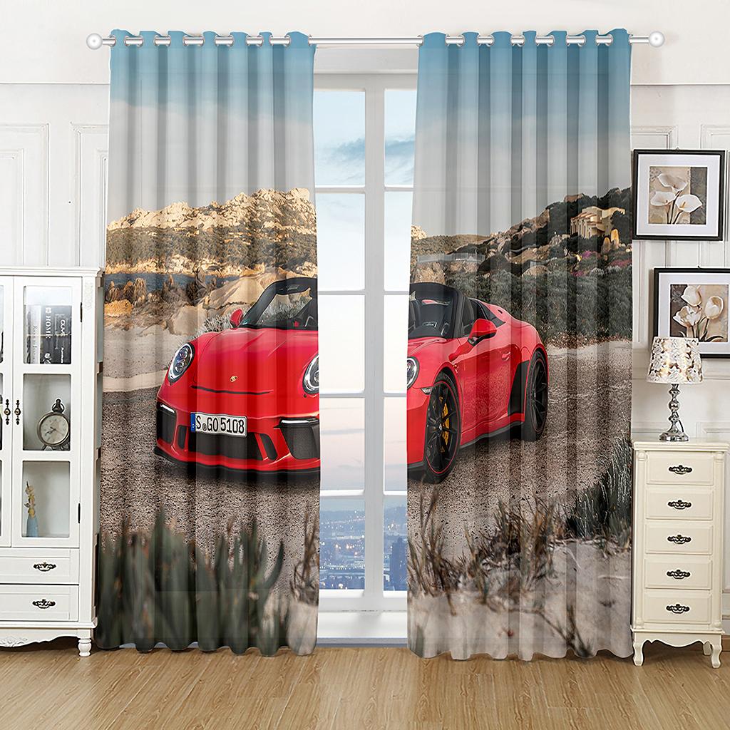 2 Panel Red Black Sports Car Racing Print Curtain Large Size Curtain for Boys Bedroom Living Room Floor-to-ceiling Window Drape