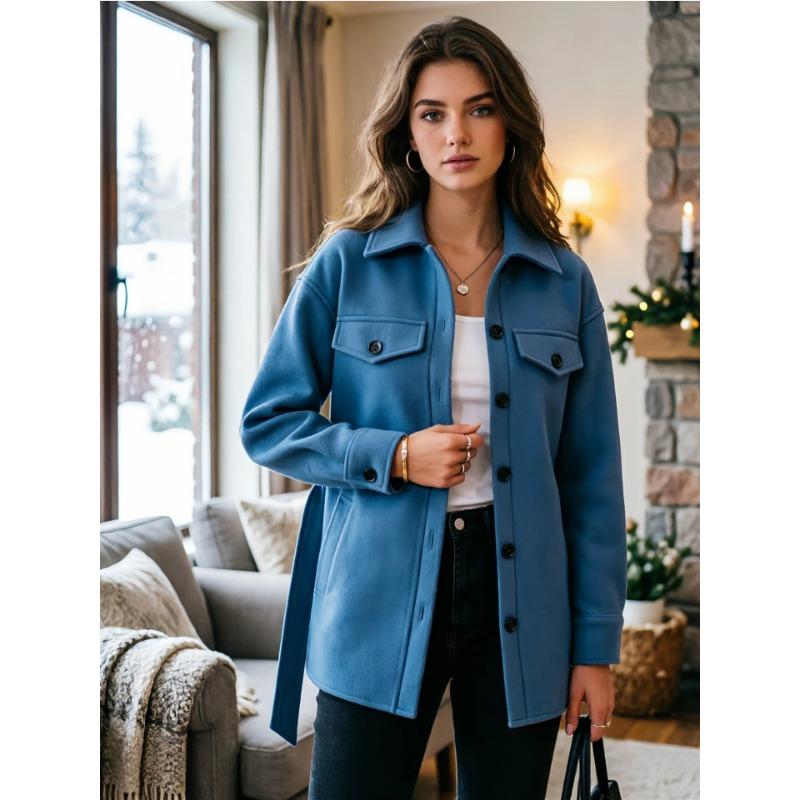 Women Solid Color Loose Shirt Collar Lace Up Button Long Sleeve Trench Coat