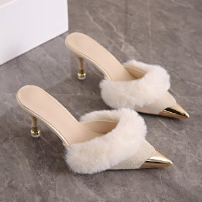 Женские пушистые мюли на каблуке Металлический носок Шлепанцы для женщин Модные плюшевые Размер Весна Осень Высокие каблуки Уличные Баотоу Полуботинки 34 абрикосовый 2660₽