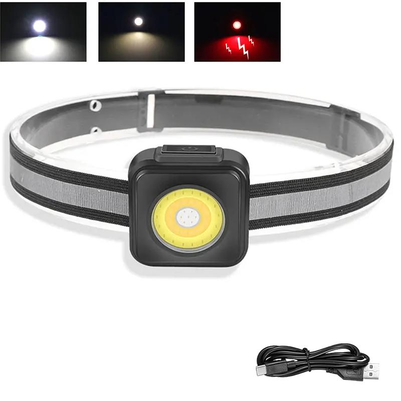 

Super Bright COB Headlight USB C Rechargeable Headlamp Outdoor Powerful Emergency Floodlight Flashlight with Yellow Red Lights
