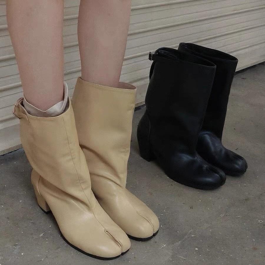 New leather thick heel split-toed boots for women wear wide tube pig's trotters Chelsea boots Martin boots short boots