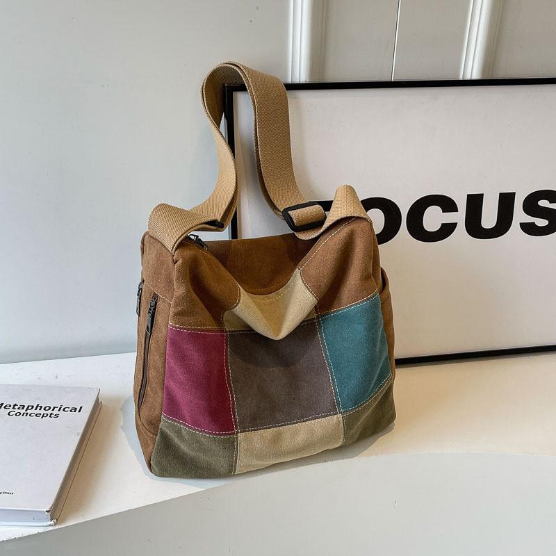 Trendy Color Stitching Canvas Tote Bag 2024 New Street Style Wide Strap Crossbody Bag