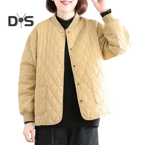 Damenjacke Stehkragen Langarm Rautenstruktur Einreihig Elastische Bündchen Einfarbig Taschen Sport Lady Coat