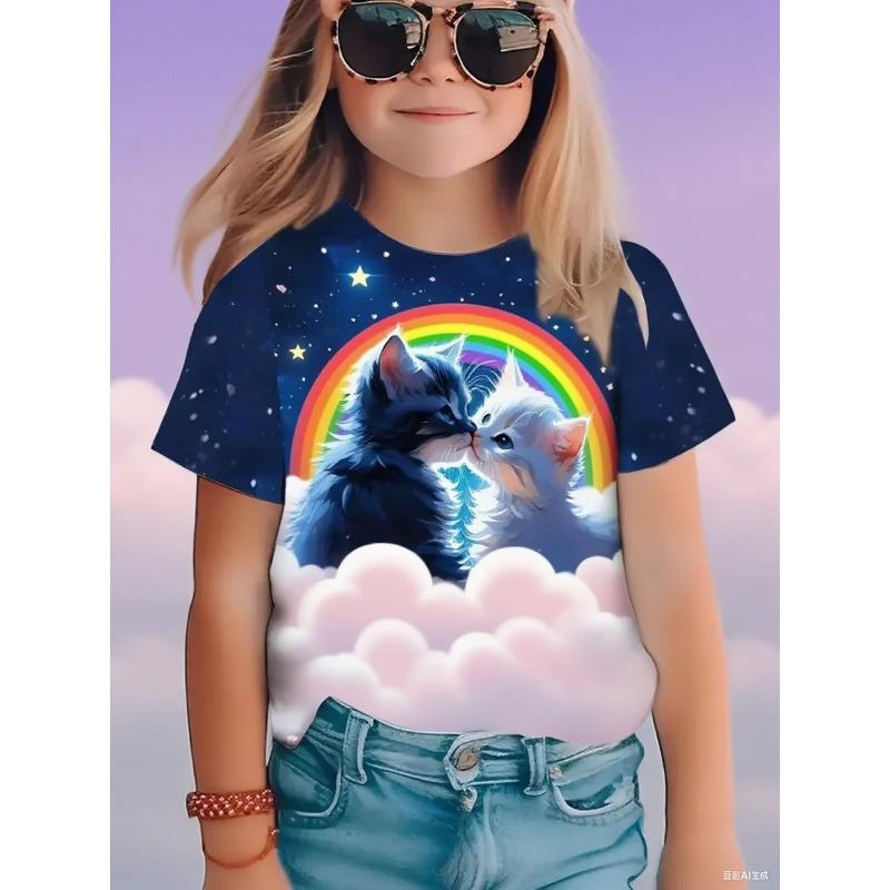 Summer Round Neck 3D Cat Printed Top Fashionable Casual Short Sleeved Children's Girl T-shirts