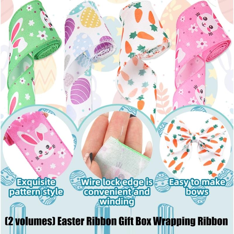2 Pack Colorful Decorative Ribbons Easter Celebration Ribbon Polyester Texture for Easter Gift Wrapping and Home Decors