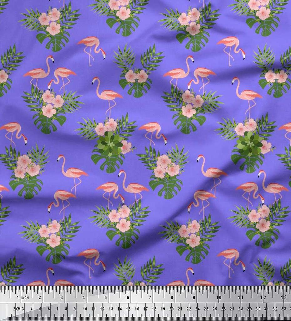 Soimoi Japan Crepe Satin Fabric Tropical Leaves,Floral & Flamingo Bird Print Fabric by the metre 42 Inch
