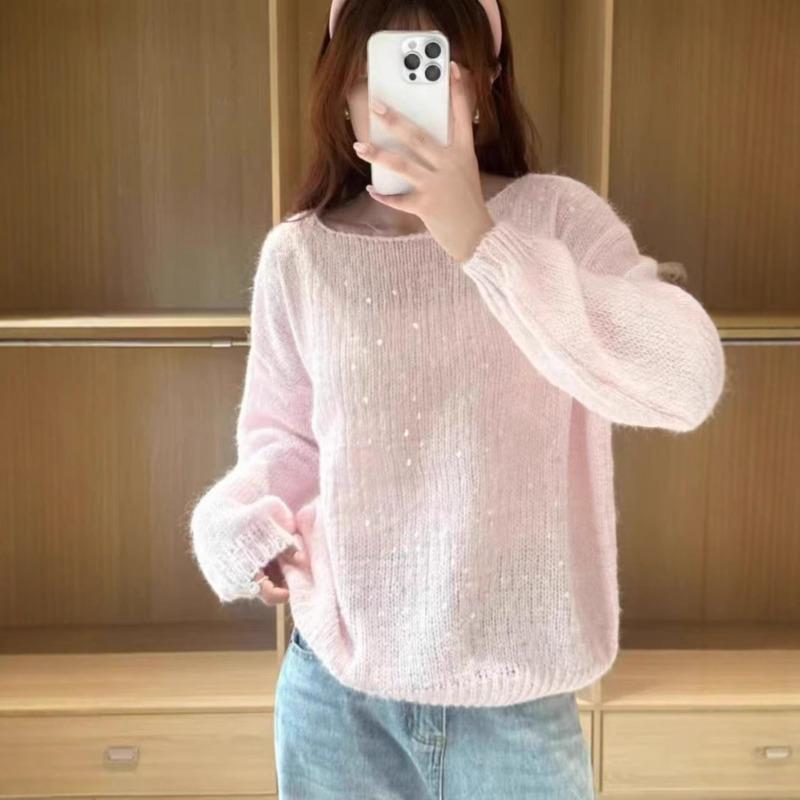 Spring and Summer New Loose Sequins Soft Waxy Knitted Sweater Top Thin Gentle Wind Sweet High Sense Pullover Woman