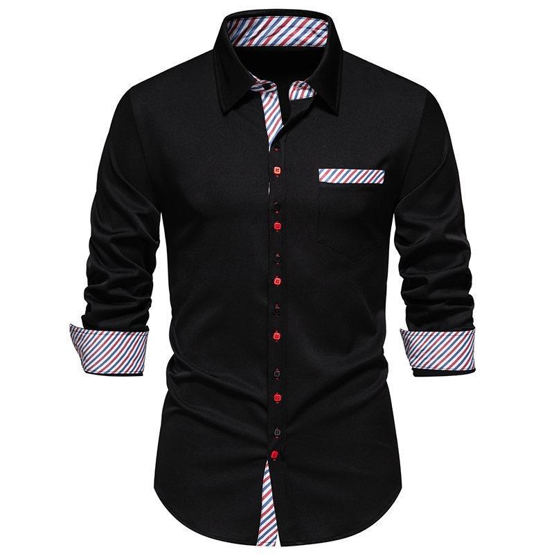 Spring Summer Triangle Collar Striped Color Blocked Men's Long Sleeved Shirt Top Shirts (men’s)