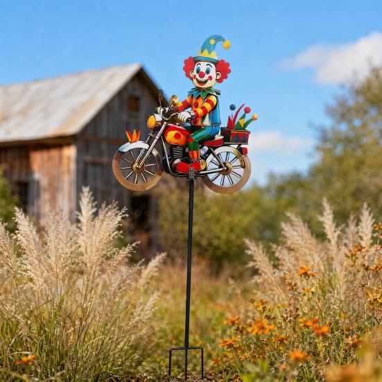 Spinning Clown Motorcycle Wind Spinner, Rotating Wheels Metal Kinetic Yard Art with Stake, Weatherproof Windmill Sculpture for Outdoor Lawn Patio