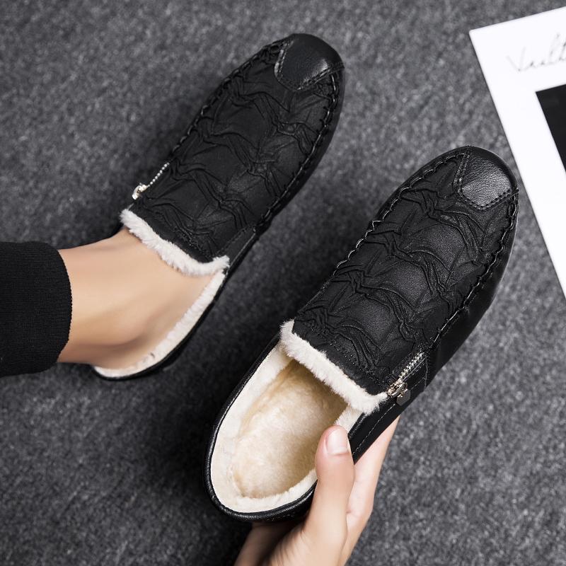 Winter Fur Loafers Men Casual Shoes Leather Dress Shoes Slip-on Sneaker Flats Plush Man Moccasins Fleece Lined Driving Shoes