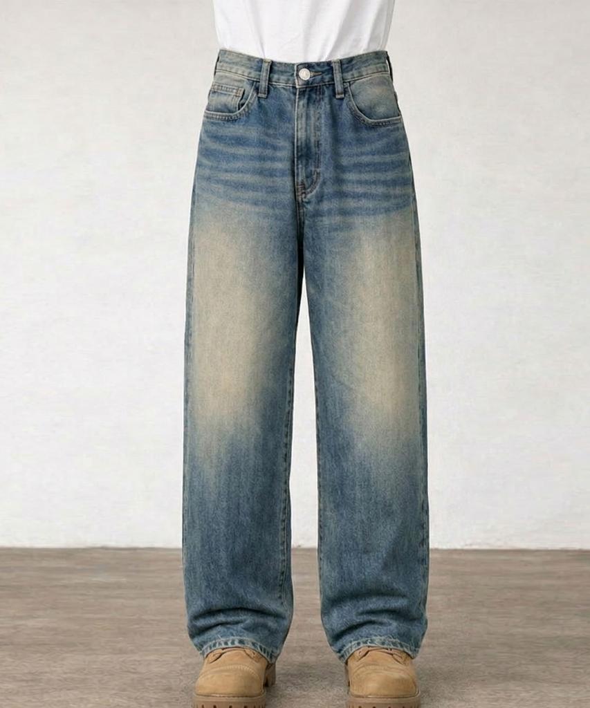 Jikeulib Secret Elastic Waist Vintage Washed Wide Straight Denim Pants 4 Colors (Type A)
