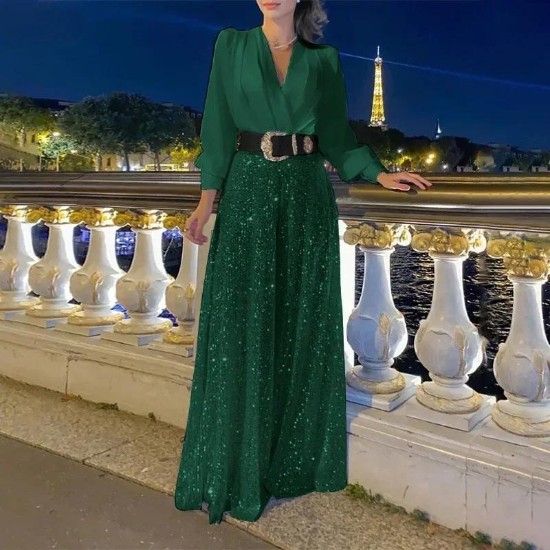 Women's Jumpsuit Fashion V-neck Long Sleeved Shirt with Elegant Temperament Slim Waist and Sequin Wide Leg Pants