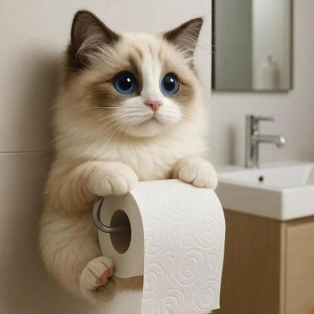 3D Cat Shape Cat Toilet Paper Holder Resin Hanging Paper Towel Stand  Bathroom Decoration