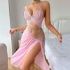 Women Pajama Floral Embroidery Night Dress Hollow Out Irregular Long Nightgowns Sexy V-Neck Suspender Translucent Nightgown