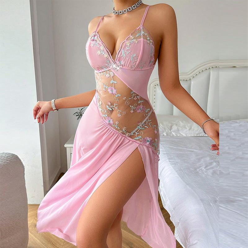 Women Pajama Floral Embroidery Night Dress Hollow Out Irregular Long Nightgowns Sexy V-Neck Suspender Translucent Nightgown