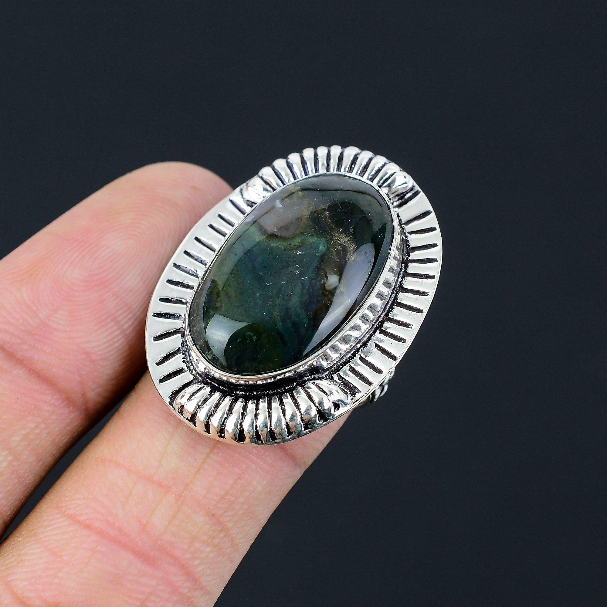 925 Sterling Silver Natural Solar Moss Agate Statement New Solitaire Ring Size 8 8
