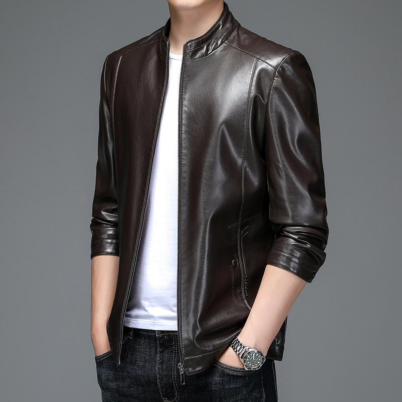 Nová podzimní a zimní bunda z pravé kůže Pánský úzký límec s krátkým stojáčkem Pánská kožená bunda středního věku Bunda z pravé kůže