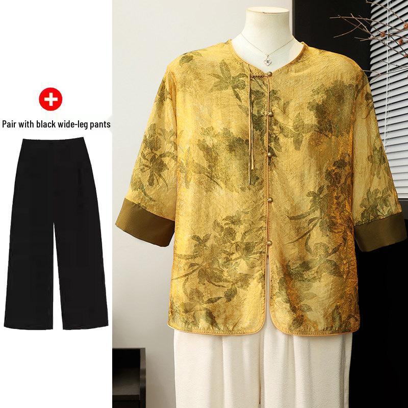 Elegant Summer Short-Sleeved Chiffon Blouse Set for Middle-Aged Women