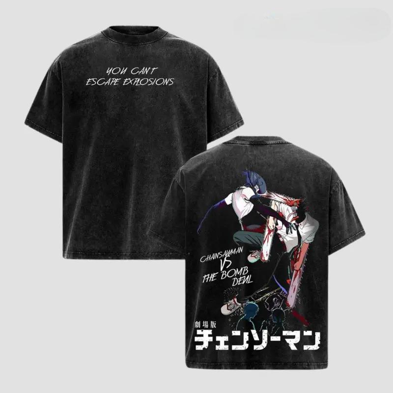 

Denji Reze Chainsaw Man Anime Clothing Men Women Oversized T-shirts Short Sleeve Washed T Shirt Retro Cotton Tshirt Harajuku Top XXL чёрный