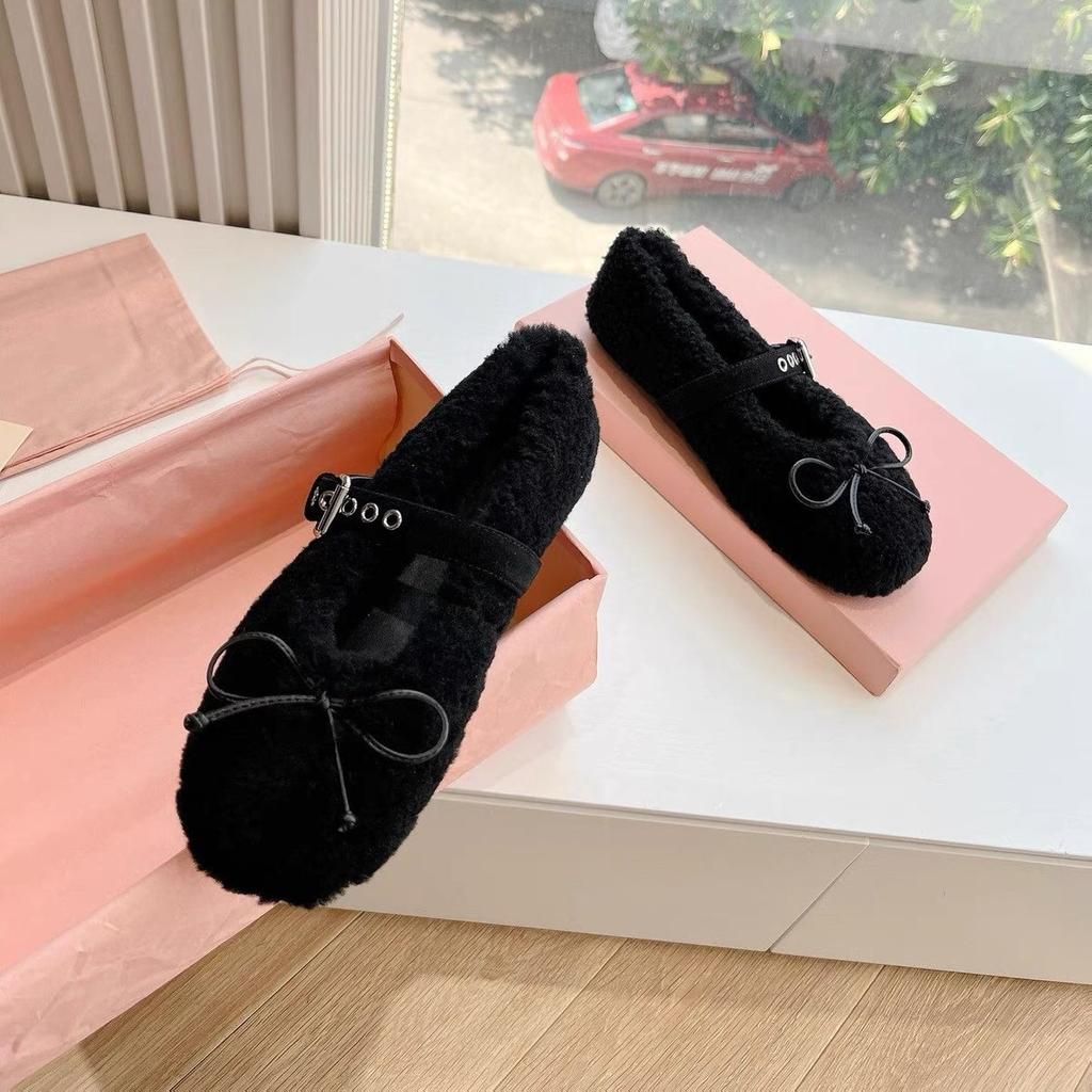 Bow-tie Fluffy Ballet Shoes Women's Round Head Wool Integrated Casual Warm Thick-soled Flat-soled Single Shoes
