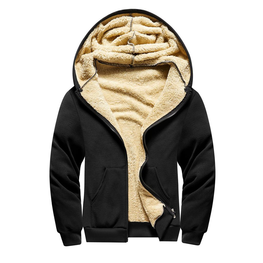 Men's Shearling Fleece Hooded Sweatshirt Winter-Warm Thickened Fleece-Lined Casual Cardigan Jacket