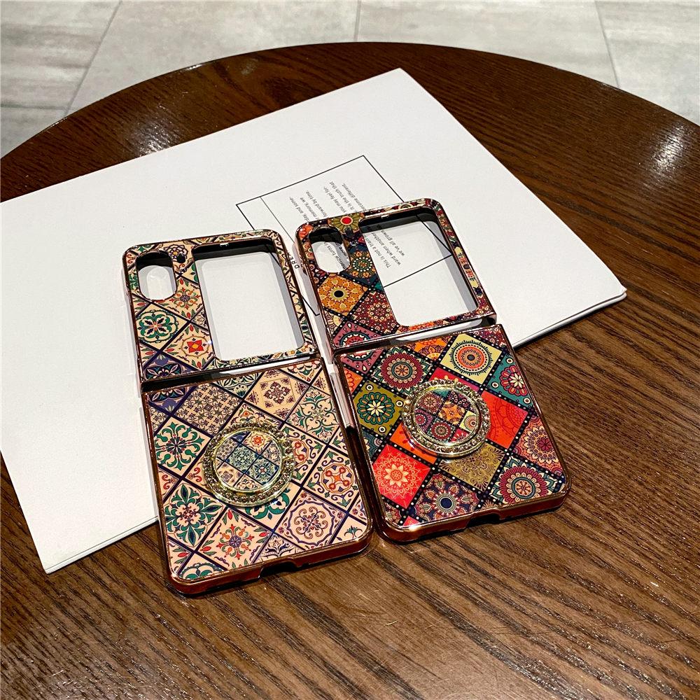 N3 Flip Blue-Ray Ring Holder Retro Palace Gold Plating Flower Case For OPPO Find N3 FlipFind N2 Flip Shockproof Back Cover