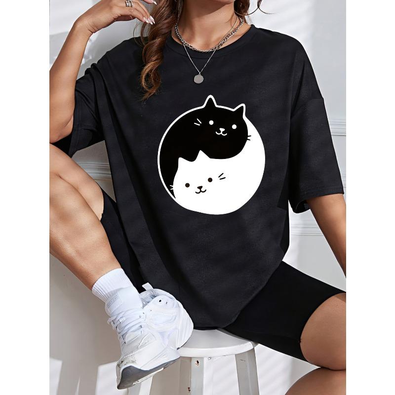 Cute Cat Yin Yang Design White T-Shirt For Women Casual Wear Summer Outfit Street Style Fashion Top With Graphic Print