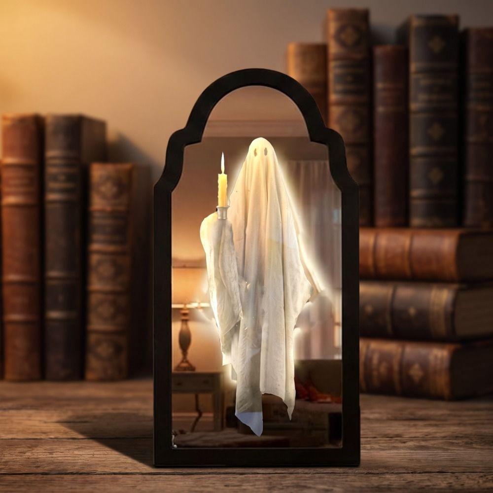 Battery Operated LED Mirror Decor Light Up Halloween Wall Decor Spooky Glowing Ghost Decor Bedroom