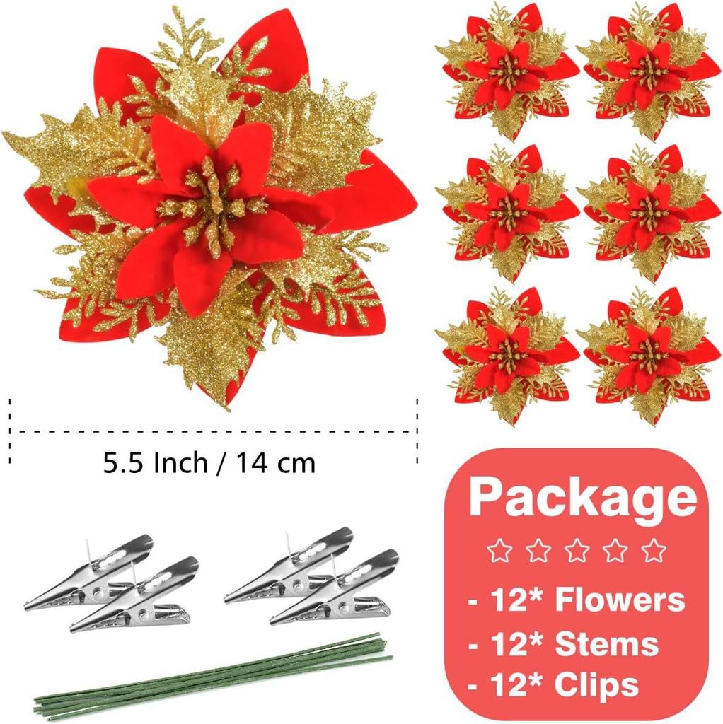 D5 12PCS Artificial Glitter Christmas Flowers with Clip for Xmas Tree Ornament Fake Flower Floral New Year Party Home Decoration