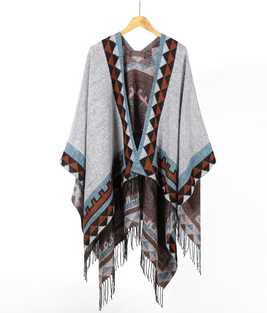 Women's Faux Cashmere Rhombus Tassel Shawl - Double-Sided, Thickened Cloak