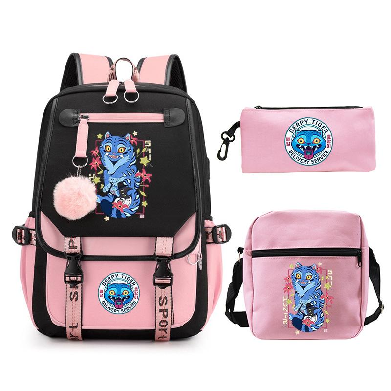 Animation Cartoon Peripheral Printing Trend Lightweight Shoulder Backpack, Primary And Secondary School Student Leisure Schoolbag Three-Piece Set