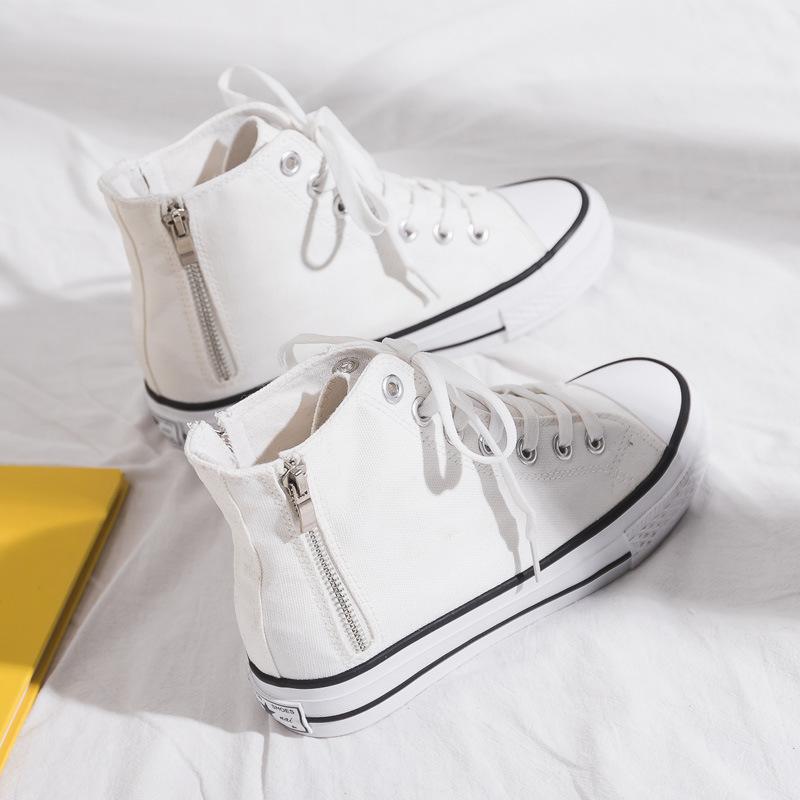 Весенние новые женские высокие кеды на платформе с боковой молнией, универсальные кеды uzzang, женские 34 белый
