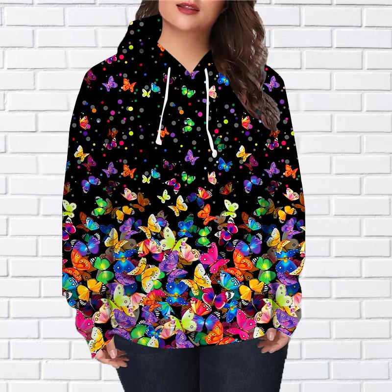 

Женская мода Разноцветный принт с бабочками Свободные топы с капюшоном Блузка Свитшот Повседневный длинный рукав Пуловер Топы 8XL разноцветный