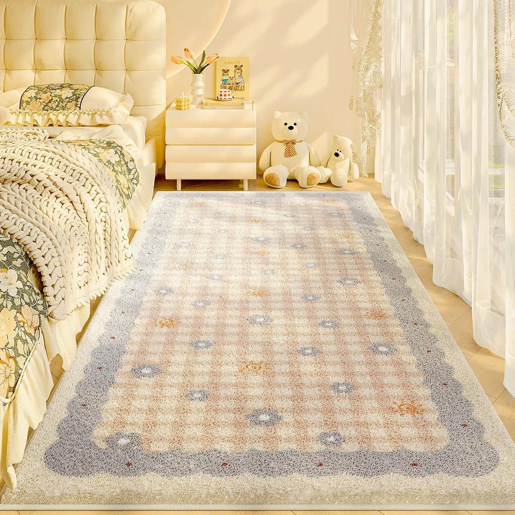 Plaid Cartoon Bedroom Bedside Carpet Light Luxury High End New Cute Carpets Girl Bedroom Children Room Thick Plush Soft Rug 